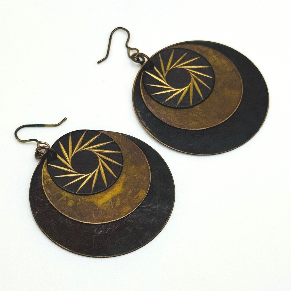 Vtg. Brass Copper Layered Disc Dangle Earrings Etched Sunburst Boho Whimsigoth